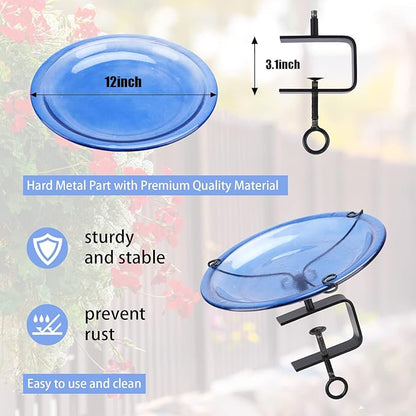 MUMTOP Deck Mounted Bird Bath, Glass Bird Baths Bowl Spa with Adjustable Sturdy Steel Clamp for Outdoor Garden Patio Lawn Yard Deck Railing Decoration, Blue