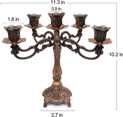 Metal Candelabra 5-Candle 10.1 Inch Tall Candle Holder Stick for Home Wedding Event and Party Festival,Red Bronze
