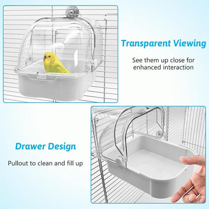 Tfwadmx Bird Cage Bath Hanging Parrot Bath Tub Water Shower Food Feeder Holder Tray Bird Bath Supplies for Small Birds Canary Budgies Cockatiel Lovebirds (White)