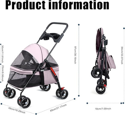 Pet Stroller 4 Wheels Dog Cat Stroller,Outdoor Trave Pet Folding Stroller,Foldable Dog Cat Cage Jogger Stroller with Cup Holder,Breathable and Visible Mesh for Medium Dogs Cats Blue