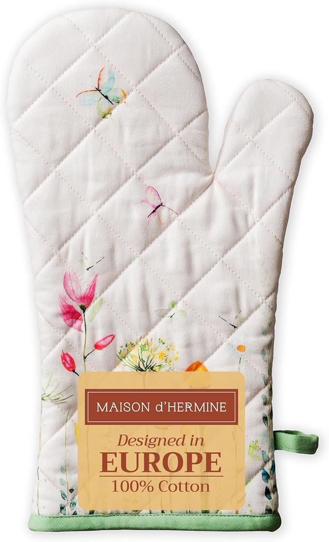 Maison d' Hermine Oven Gloves 100% Cotton Oven Mitt 7" x 13" with Loop Heat Resistant, BBQ, Cooking Gloves, Baking, Grilling, Kitchen, Handling Hot Pans Spring/Summer (Pack of 1, Botanical Fresh)