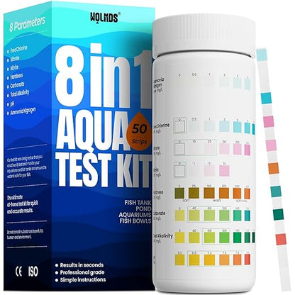 Aquarium Test Strips - 8-in-1 Aquarium Water Test Kit: Fish Tank Testing Kit for Freshwater & Saltwater, 50 Strips,Fast & Accurate Ammonia, pH, Hardness, & More， Lead Water Test Kit for Ponds