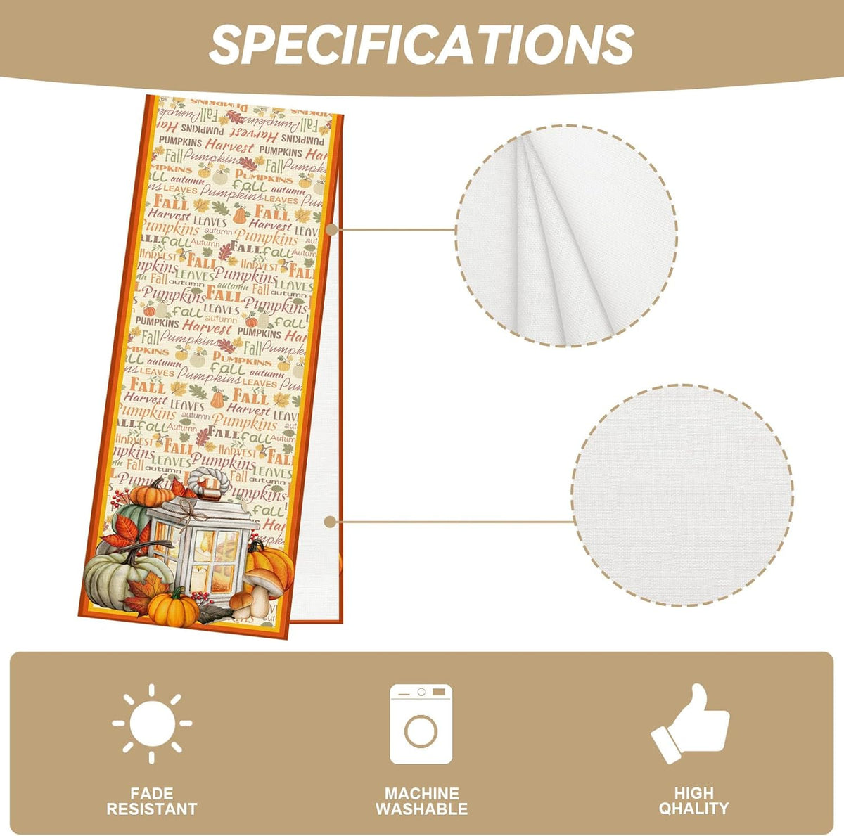 Linen Fall Table Runner - 48 Inch Farmhouse Leaves Pumpkin Table Decor Autumn Thanksgiving Home Kitchen Dining Room Decoration
