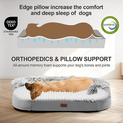iweepet Fluffy Calming Orthopedic Dog Beds for Large & Extra Large Dogs, Supportive Dog Sofa Bed with 3.7 inch 28D Egg-Crate Foam, Removable Washable Plush Cover, Waterproof Lining,44’’,Grey