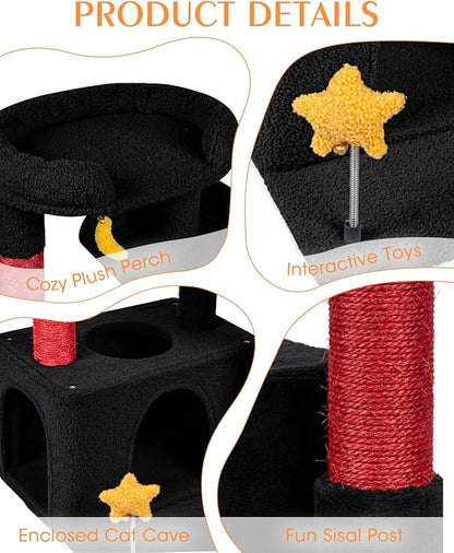 32In Cute Cat Tower for Indoor Cats with Cat Condo, Plush Platform, Hammock, Sisal Scratching Posts, Dangling Ball, Tall Cat Tree Tower with Self-Grooming Brush (Jet Black)