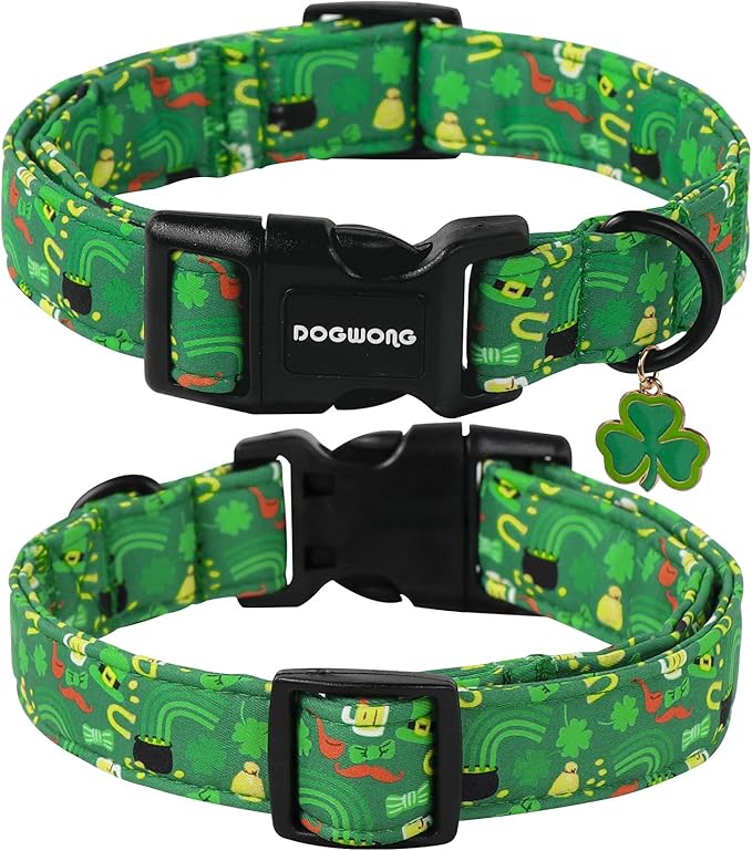 DOGWONG St Patrick's Dog Collar- Green Clovers Dog Collar, Adjustable Cotton Shamrock Pet Collar Cute Lucky Charm Puppy Collars for Small Medium Large Dogs