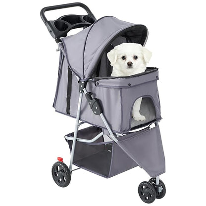 Sweetcrispy 3 Wheels Pet Stroller for Small Dogs and Cats – Foldable Dog Stroller with Mesh Windows, Storage Basket & Cup Holder, Lightweight & Durable Pet Carrier for Travel, Outdoor Use, Grey