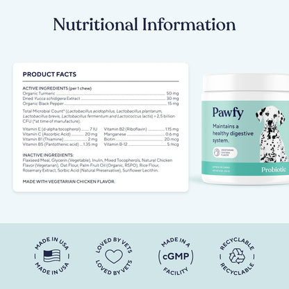 Pawfy Probiotics for Dogs | Supports Digestive Health, Diarrhea for Small and Large Dogs | Improves Gut Health | Anti Yeast Supplements | Promotes Skin Health and Seasonal Allergies Support - 30 Chews