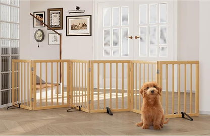 Semiocthome Bamboo Dog Gates for The House Extra Wide, 6-Panel Freestanding Pet Gates with 4PCS Metal Stands for Doorways and Stairs, 24“H Foldable Dog Fences Indoor, Expands Up to 9(ft) /110" (W)