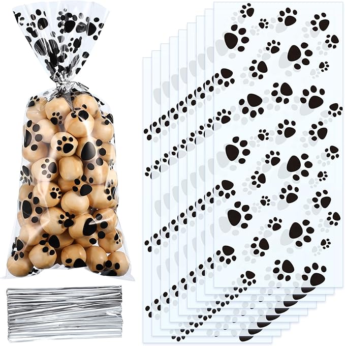 Blulu 100 Pieces Dog Treat Bags Puppy Party Favor Pet Paw Cone Cellophane Bags Candy Heat SealableDog Paw Gift with 100 Pieces Silver Twist Ties for Pet Cat Treat Party Favor(Black)