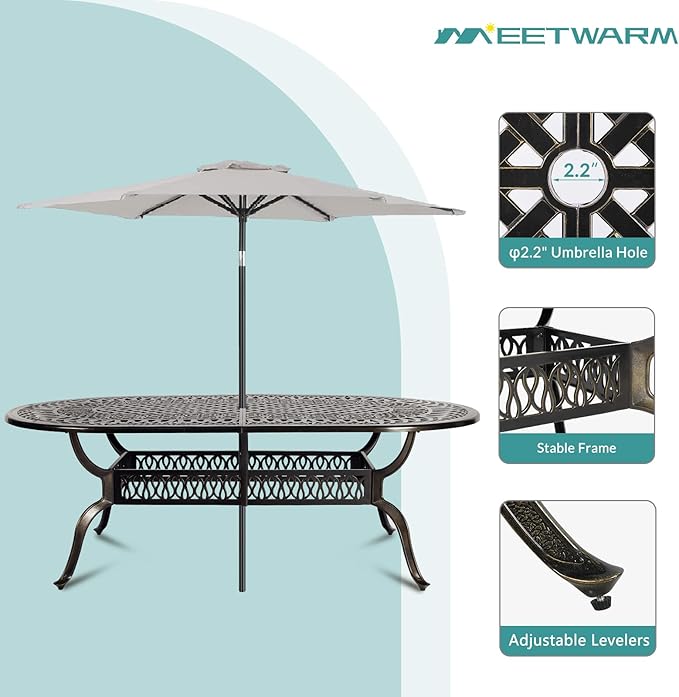 MEETWARM 9-Piece Outdoor Patio Dining Set for 8, All-Weather Cast Aluminum Patio Table and Chairs Set with 1 Oval Table, 6 Stackable Patio Chairs, 2 Swivel Rocker Chairs, 8 Cushions, 2" Umbrella Hole