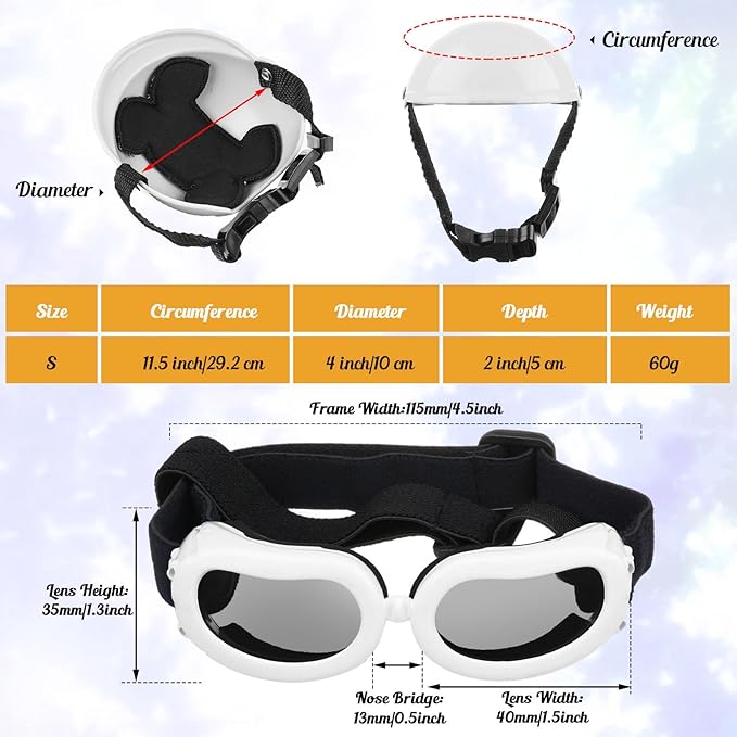 Frienda Dog Helmet and Goggles, UV Protection Doggy Sunglasses and 4 Inch Padded Puppy Motorcycle Helmet Adorable Dog Goggles with Adjustable Belt for Small Dogs Puppy Riding(White,S)