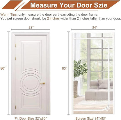 Upgraded Reinforced Pet Screen Door Thickened Cat Resistant Mesh Screen Door for Living Room, Bedroom, Patio, Dog Cat Scratch Proof Screen with Zipper Closure (Fits Door Size up to 32''x 80'', White)