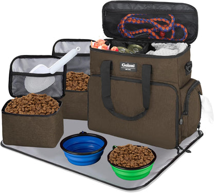 Dog Travel Bag Airline Approved–Pet Travel Tote with Collapsible Bowls,Food Containers & Feeding Mat–Multi-Pocket Organizer for Dogs & Cats, Durable & Water-Resistant for Hiking,Trips,Outdoors