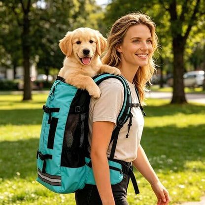 Big Dog Backpack Carrier, Green-L | Extra Large Pet Carrier for 66lbs Dogs, Fully Adjustable Water-Resistant Dog Travel Bag for Hiking Cycling Outdoor Adventures