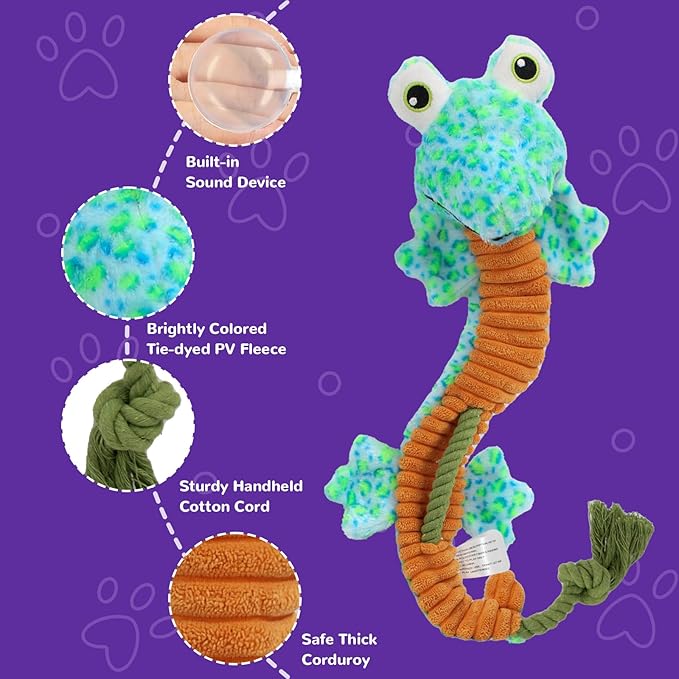 Crinkle Dog Toys Squeaky Plush No Stuffing Cute Puppy Stuffless Tough Rop Pull Toy, Fun Dog Stuffed Animals Durable Chew Set for Small Medium Large Pup (Large, Lizard)