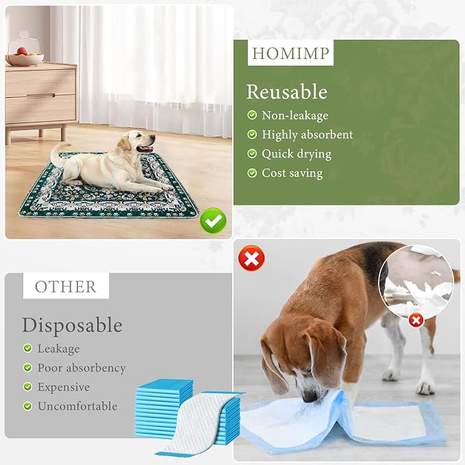 Homimp Washable Pee Pads for Dogs, 2 Pack Reusable Puppy Pads Waterproof, Absorbent and Leakproof Dog Pee Pads, Non Slip Puppy Training Pads, Pet Mat for Floor, Crate, Couch, Whelping,Green, 36"x36"