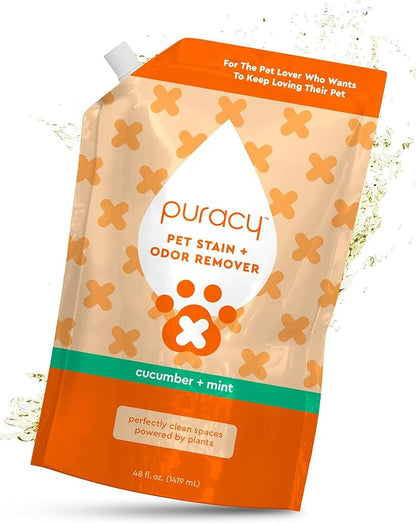 Puracy Pet Stain and Odor Remover - Enzyme Cleaner for Dog Urine and Poop Carpet - Cat Pee Enzyme Cleaner for Cat Urine - Cucumber & Mint, 48oz