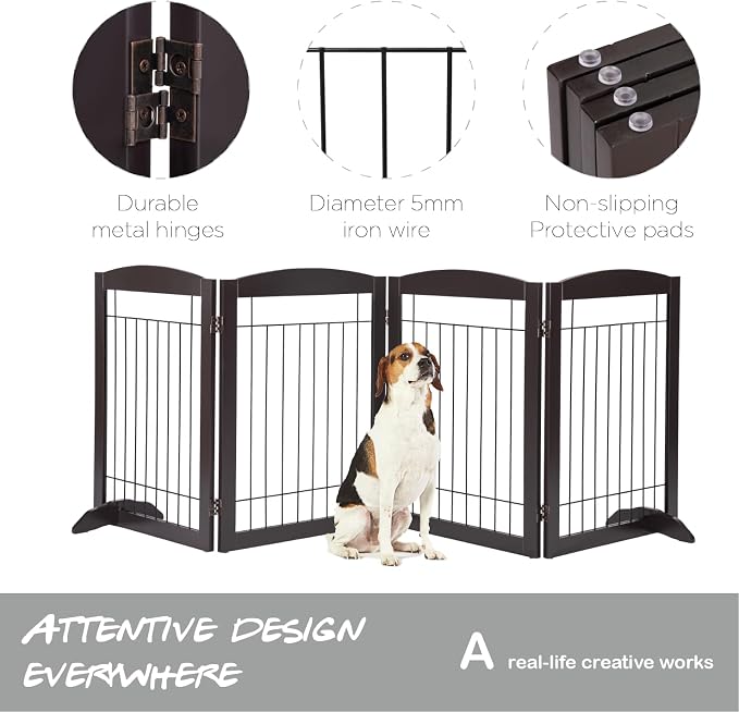 PAWLAND 96-inch Extra Wide Dog gate for The House, Doorway, Stairs, Freestanding Foldable Wire Pet Gate, Set of Support Feet Included (Espresso, 30" Height-4 Panels)