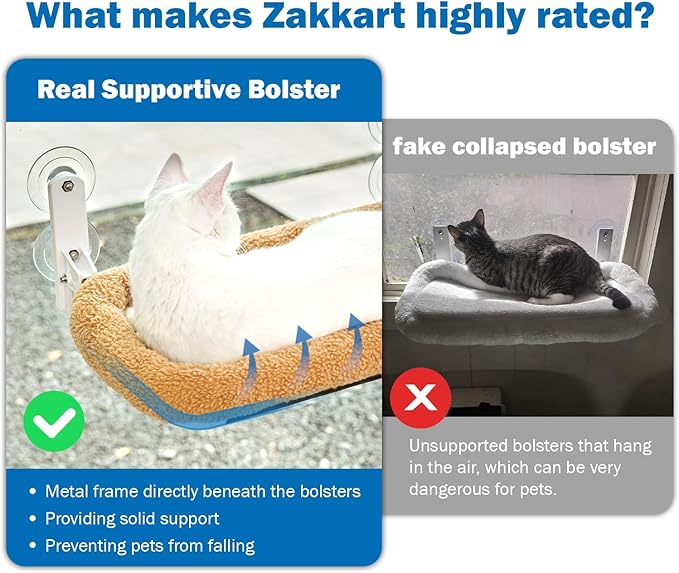 Zakkart Foldable Cat Hammock for Window - Cordless, Machine Washable Bed, Robust Metal Frame & ABS Brackets - Cat Window Perch for Large Cats and Kitten (Brown Bolster Bed, Large)