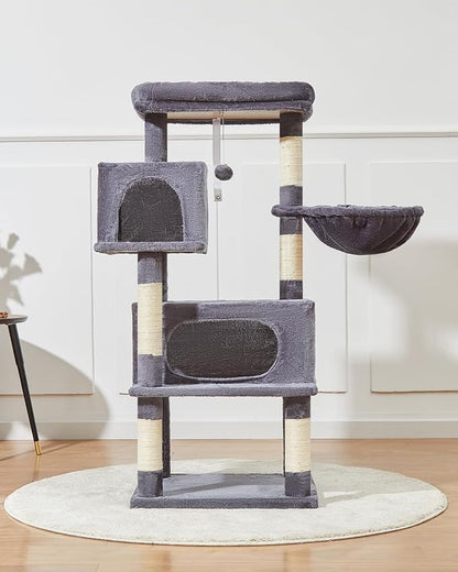 Taoqimiao Cat Tree,49-Inch Cat Tower for Indoor Cats,2 Luxurious cat condo with Adjustable Large Hanging Baskets and Large Luxurious Perch Smoky Gray MS029LG