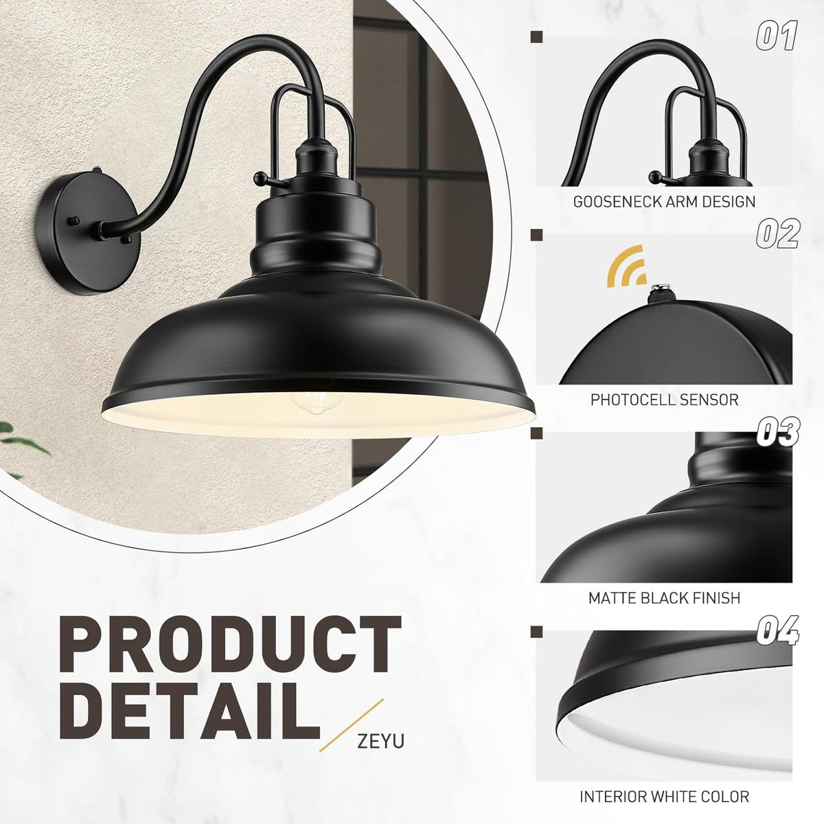 zeyu 18 Inch Dusk to Dawn Outdoor Barn Light, 1-Light Gooseneck Wall Light, Modern Wall Sconce for Garden Garage, Matte Black Finish, 016-1BL-PC BK