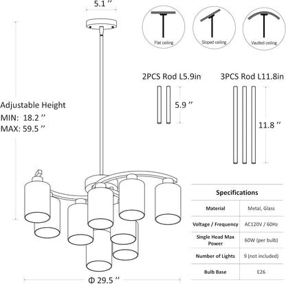 9-Light Black Modern Chandeliers for Dining Room, Adjustable Height Farmhouse Kitchen Island Lighting, Industrial Hanging Light Fixtures for Living Room Bedroom, Clear Glass Shade