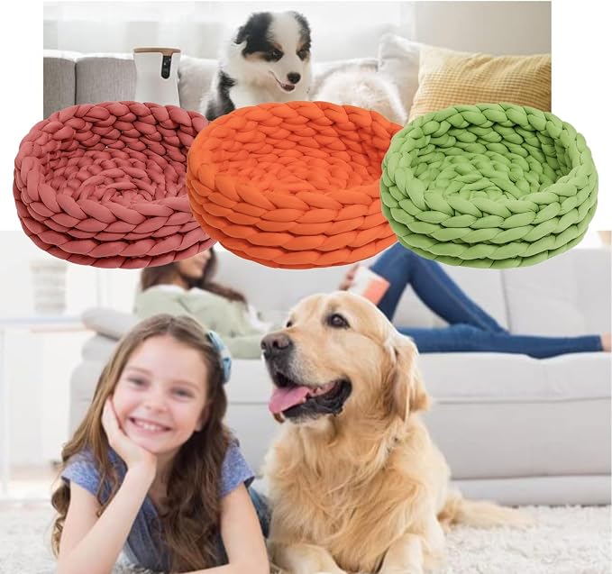 Woven Dog Bed Basket, Knitted Cotton Cat Bed Round Washable Woven Cat Pet Bed Chunky Dog Basket, Orthopedic, Chunky Knit Dog Nest,Dog Bed,Dog Cave,Dog Bedding(White,23")