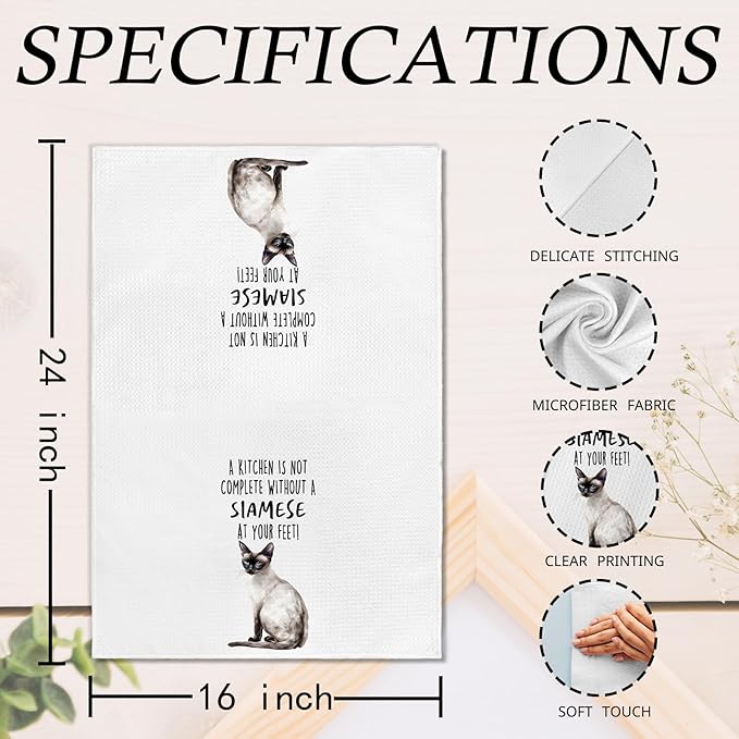 Funny Siamese Cat Gifts Kitchen Towels, Cat Lover Gifts for Women, Funny Hand Towels for Bathroom Decor,A Kitchen Is Not Complete without A Siamese Dishcloths Dish Towel forKitchen 16x24 Inches