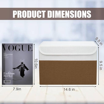 Large 22 Quart Linen Fabric Foldable Storage Bin Cube Organizer Basket with Flip-Top Lid & Handles, Clothes Blanket Box for Home, Office, Closet, Brown & White, 4 Pack 14.6 x 9.5 x 9.5