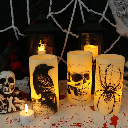Halloween Flameless Candles with 6H Timer, LED Pillar Candles mit Skull, Spider Web, Crow Raven Decals Set of 3, Battery Operated Real Wax Candles, Halloween Decor Horror Gothic Punk
