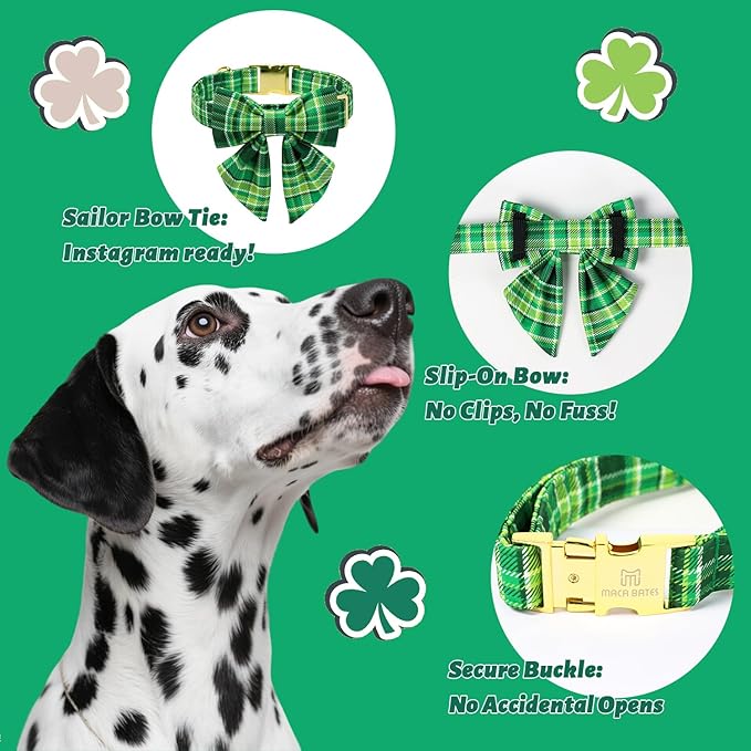 Maca Bates Irish Plaid Dog Collar with Sailor Bow Tie,Shamrock Green Gingham Pattern for Large Girl Boy Dogs,Adjustable Durable Soft Collars Gift for Male Female Puppy