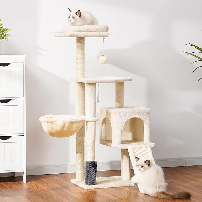 Heybly Cat Tree with Cat Self Groomer Brush, Cat Tower Condo for Indoor Cats with Padded Plush Perch, Cat House with Basket Scratching Board Post, Beige HCT005SM