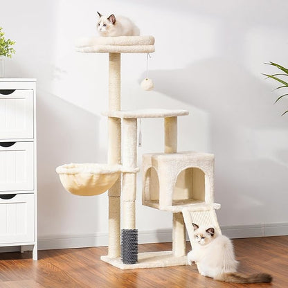 Heybly Cat Tree with Cat Self Groomer Brush, Cat Tower Condo for Indoor Cats with Padded Plush Perch, Cat House with Basket Scratching Board Post, Beige HCT005SM