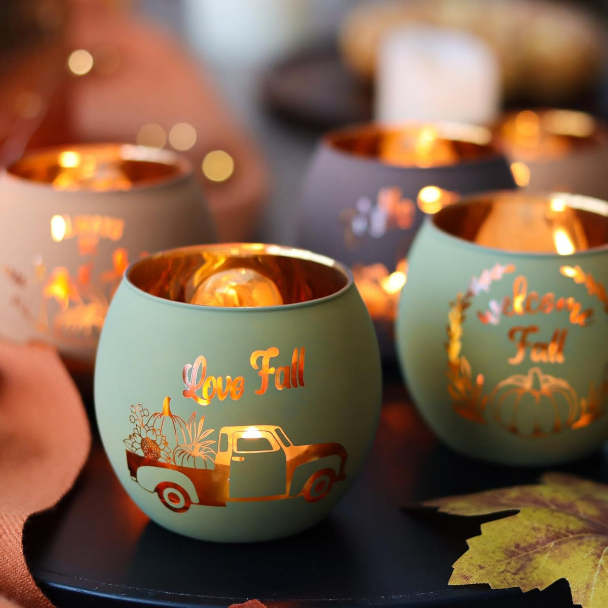 SHMILMH Fall Table Centerpiece Decorations Set of 12 Glass Votive Tealight Candle Holder for Wedding, Party, Thanksgiving, Fall Decor for Indoor and Outdoor