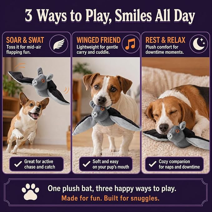 Flying Bat Dog Toy, Flapping Bat Dog Toy with Chirping Sounds, Interactive Rechargeable Flap Bat Toy for Dogs Cats, Hanging & Wand Play, 2PCS