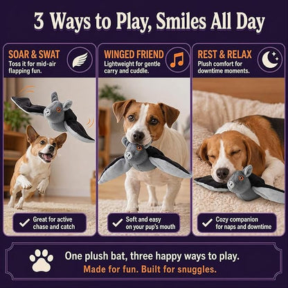Flying Bat Dog Toy, Flapping Bat Dog Toy with Chirping Sounds, Interactive Rechargeable Flap Bat Toy for Dogs Cats, Hanging & Wand Play, 2PCS