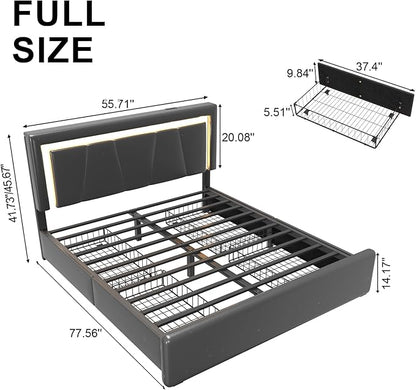 Full Size Bed Frame with 4 Storage Drawers and LED Lights, Upholstered Platform Bed with Adjustable Headboard and Charging Station, Metal Slats Support, No Box Spring Needed,Easy Assembly, Black
