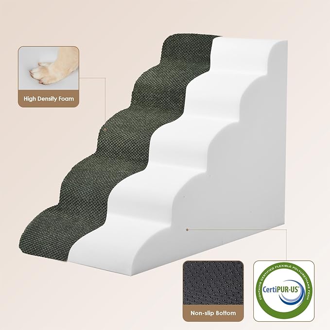 EHEYCIGA Curved Dog Stairs Ramp for High Beds 22.6" H, 5-Step Dog Steps for Small Dogs and Cats, Pet Stairs for High Bed Climbing, Non-Slip Balanced Pet Step Indoor, Military Green