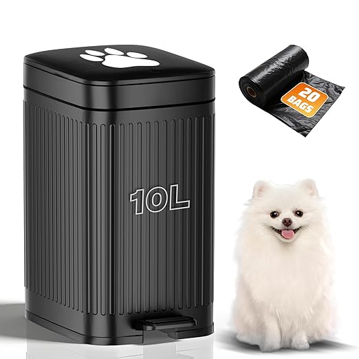 Dog Poop Trash Can Outside, 2.7Gal Dog Waste Trash Can with Lid, Foot Pedal, Dog Waste Container with 20 Bags, Pet Poop Bucket with Soft Close for Backyard Odor Control