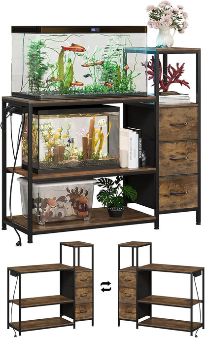20 Gallon Aquarium Stand with Power Outlets Fish Tank Stand with 3 Drawers Metal Frame Heavy Duty Reptile Tank Stand with 3-Tier Storage Shelves,Left/Right Assembly, Adjustment Height