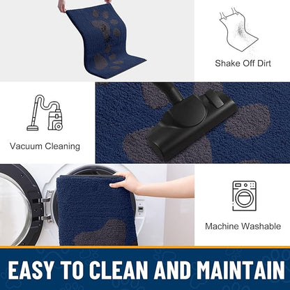 Smiry Dog Door Mat for Muddy Paws, Absorbs Moisture and Dirt, Low-Profile Entryway Mat with Non-Slip Backing, Entry Indoor Outdoor Doormat for Inside Floor (36x24 Inches, Navy Blue, Paw)