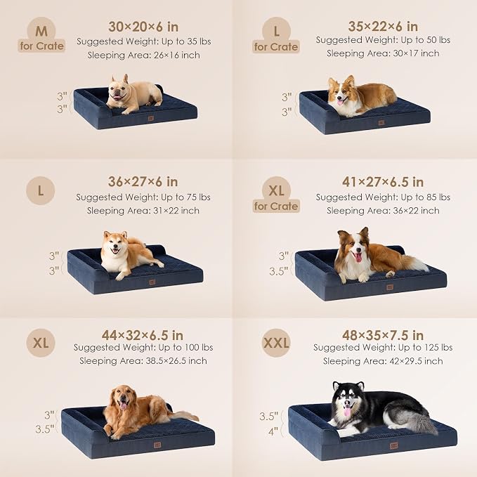 EHEYCIGA Large Dog Bed Memory Foam for Crate, Orthopedic Dog Bed Large Size Dogs with Washable Removable Cover, Waterproof Pet Sofa Couch with Nonskid Bottom, 35x22x6, Navy Blue | Small Dog Sofa with Washable Removable Cover, Waterproof Pet Couch for C...