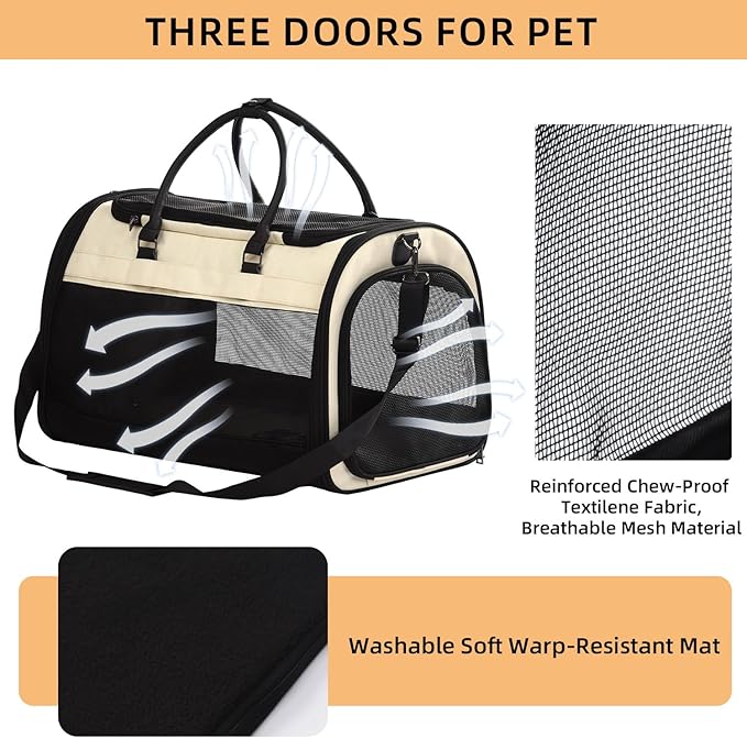 PET MARVEL Cat Carrier Soft Sided Large for Pet Dogs up to 25 Lbs, Airline Approved Mesh Pet Travel Bag, Breathable Bite-Resistant Fabric with Removable Washable Mat