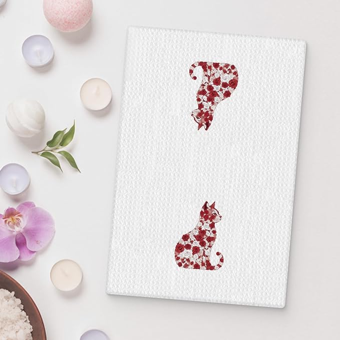 Red White Rose Floral Cat Kitchen Towel, Floral Cat Hand Towel for Bathroom Decor, Kitten Dish Tea Towel for Kitchen Decor, Pet Gifts for Kitten Lovers Women Girls, 16x24 Inch