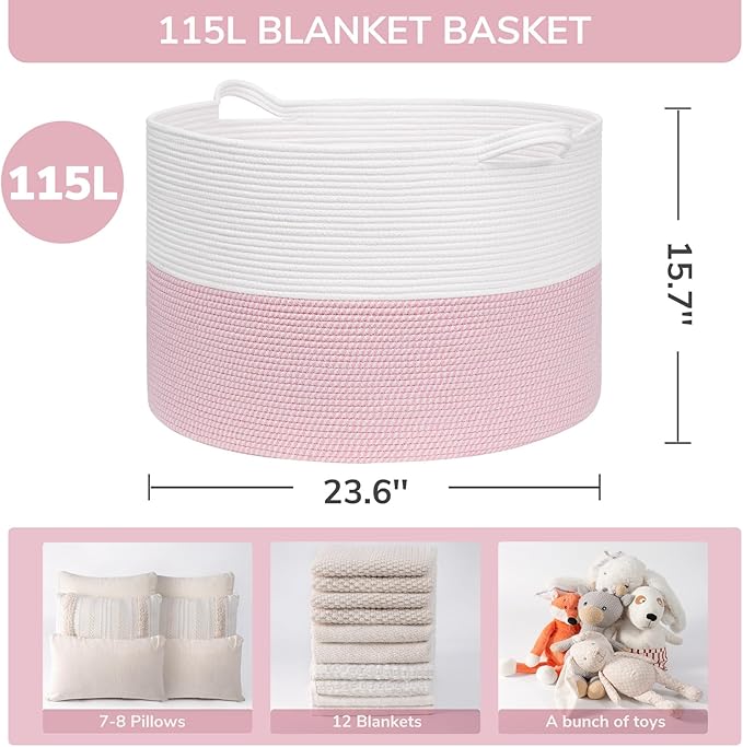 INDRESSME 115L Extra Large Pink Laundry Basket for Nursery Stuffed Animal Storage, Blanket Rope Baby Baskets Kids Toy Organizer Dorm Room Essentials for Girls, Pink