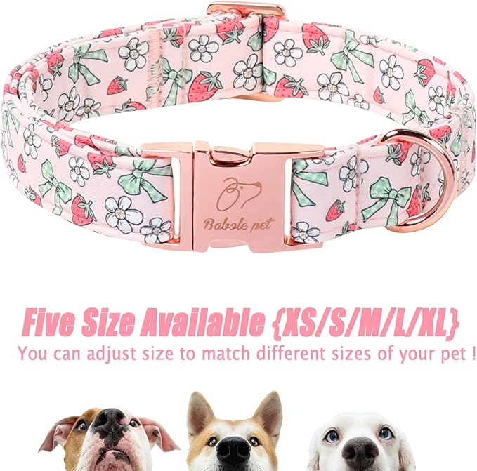 Pink Girl Dog Collar, Sweet Strawberry Spring Summer Dog Collars, Vintage Bow Puppy Collar, Adjustable Heavy Duty Pet Collar for Small Medium Large Dogs with Metal Buckle M