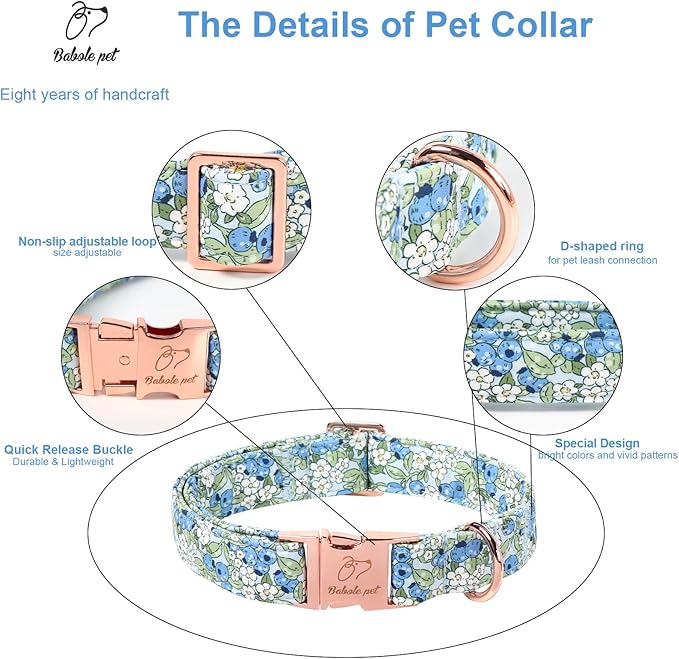 Blueberry Garden Dog Collar, Spring/Summer Cottagecore Floral Dog Collars, Adjustable Heavy Duty Girl Dogs Collar for Small Medium Large Dogs with Metal Buckle XL