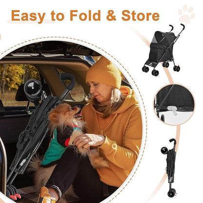 Wedyvko Umbrella Dog Stroller, Foldable Pet Stroller for Small Dogs Cats, with Carrying Strap and Cup Holder, Dog Poop Bags & Dispenser, Multicolor (Black)