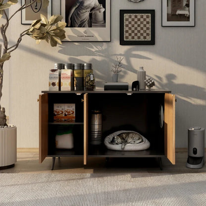 Litter Box Enclosure, Cat Litter Box Furniture With Hidden Plug, 3 Doors,Indoor Cat Washroom Storage Bench Side Table Cat House, Large Wooden Enclused Litter Box House, Black And Walnut